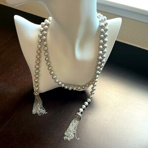 Natural Silver baroque long pearl necklace 7.6-8mm